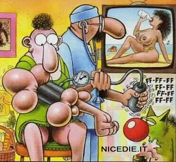 Un medico prova la pressione alla sua paziente,ma vede una pubblicità sul tv c'è una donna nuda e pompa troppo il braccio della paziente si gonfia ed escono delle enormi bolle